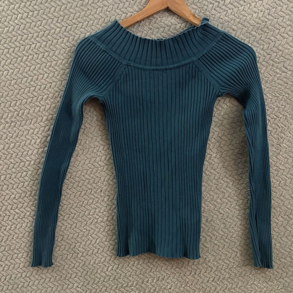 Sundance Ribbed Knit Long Sleeve Sweater Teal Green Organic Cotton Blend Size XS